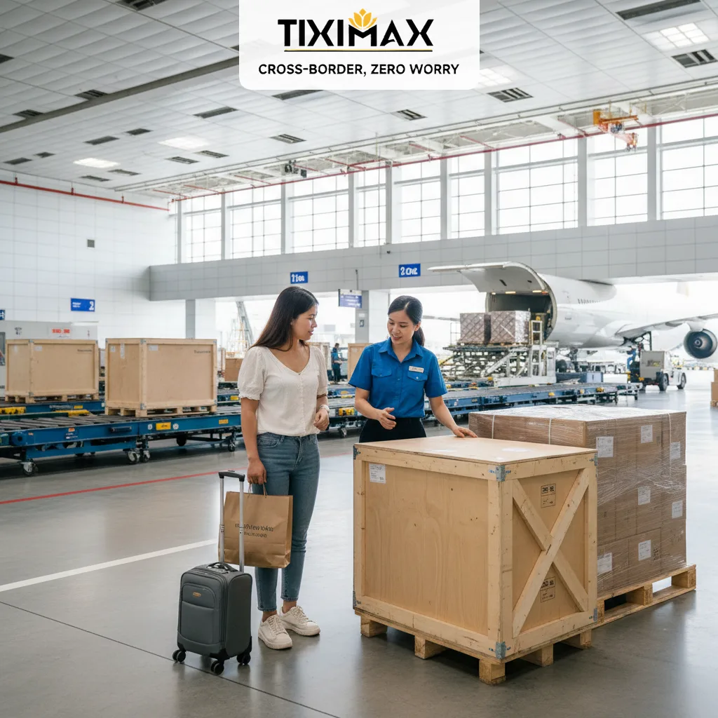 Hai phụ nữ trao đổi kiện hàng tại kho vận chuyển hàng không.