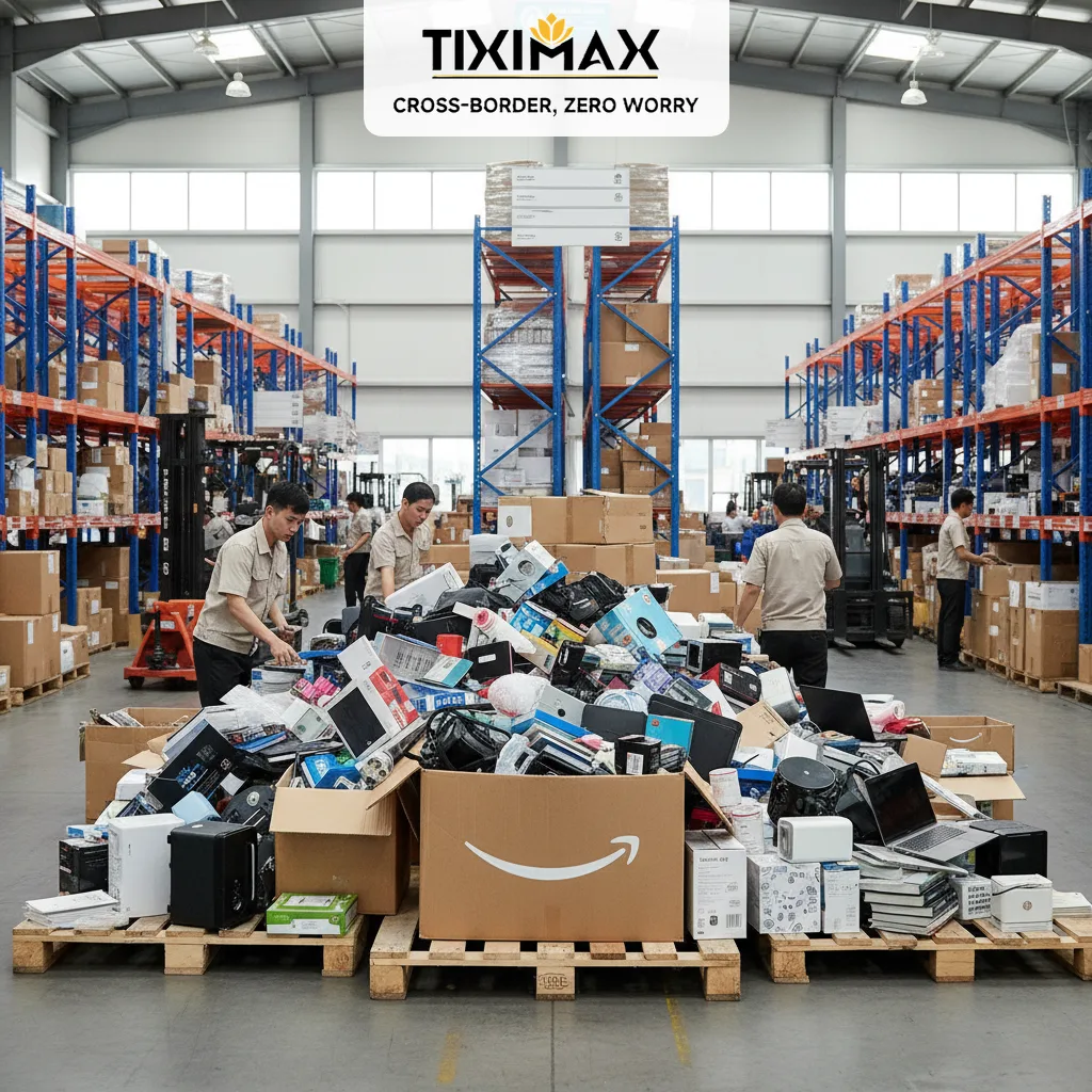 Nhân viên phân loại hàng cũ Amazon trong kho rộng.