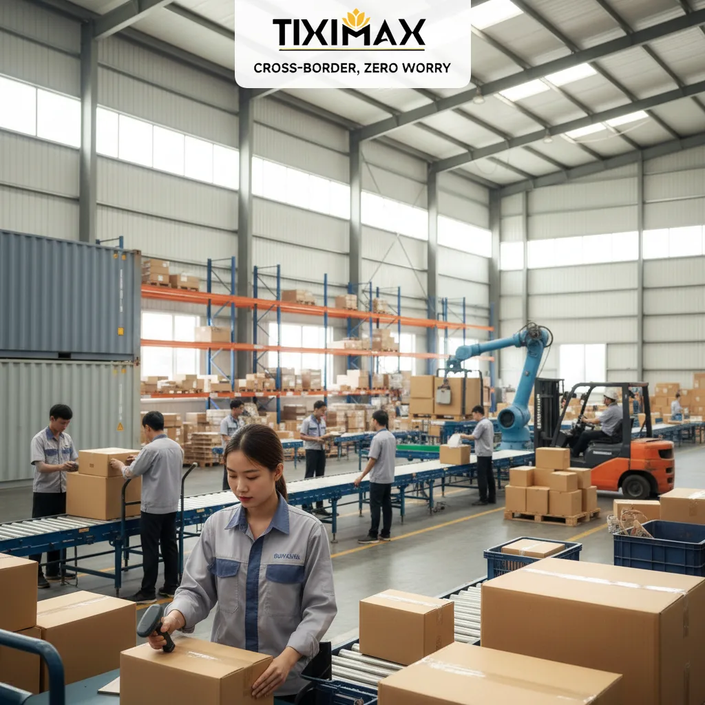 Nhân viên quét mã kiện hàng trong kho logistics hiện đại.