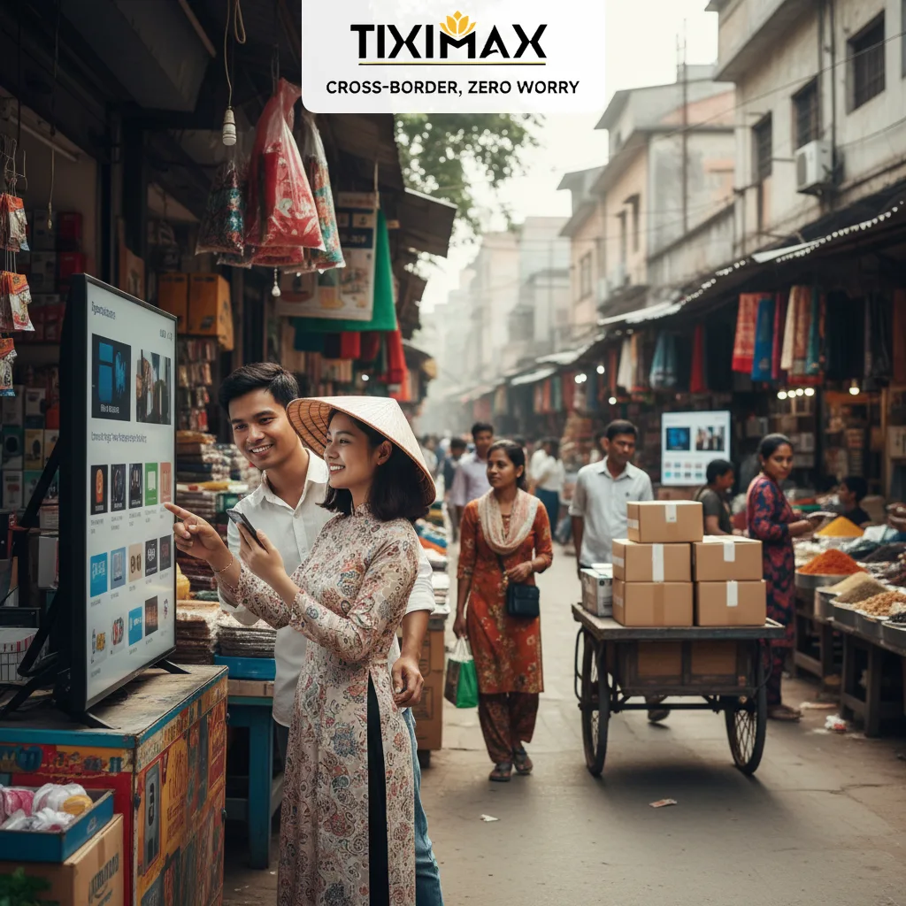 Cặp đôi Việt xem màn hình mua hàng Amazon Ấn Độ thay vì ở chợ truyền thống.
