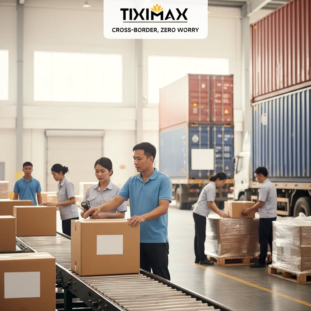 Nhân viên kiểm tra kiện hàng trên băng chuyền tại kho khi mua hàng Amazon Ấn Độ.