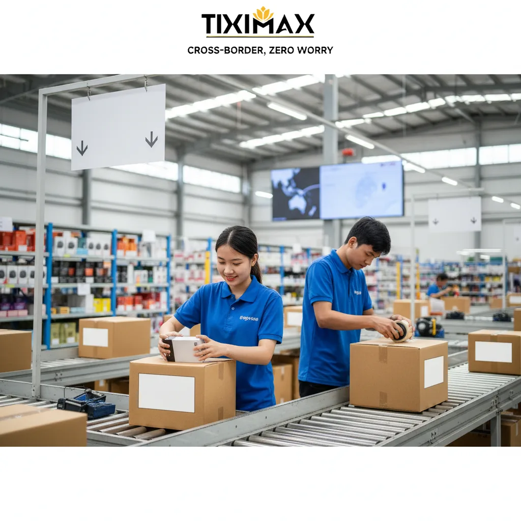 Hai nhân viên đóng gói sản phẩm mua hàng Amazon Ấn Độ trên băng chuyền kho.