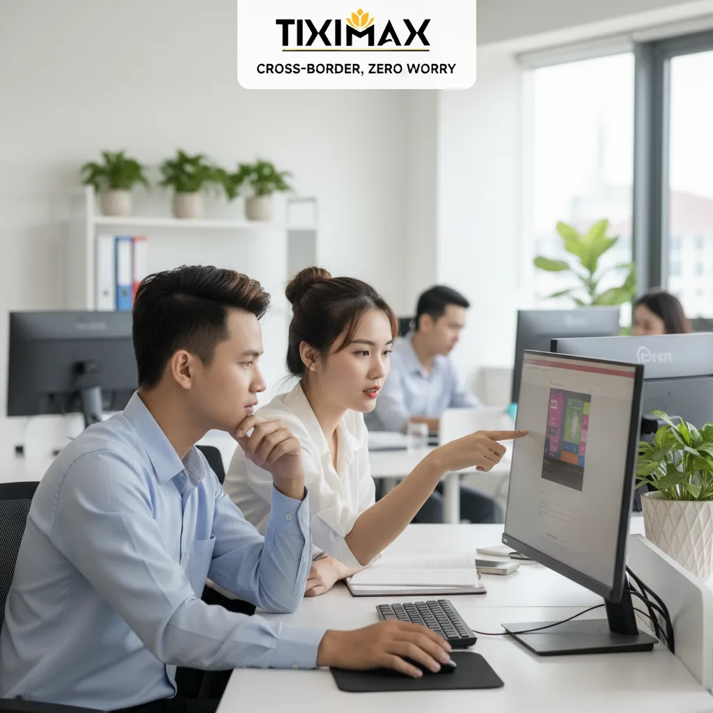 Hai người Việt đang xem các trang mua web mua hàng Amazon.