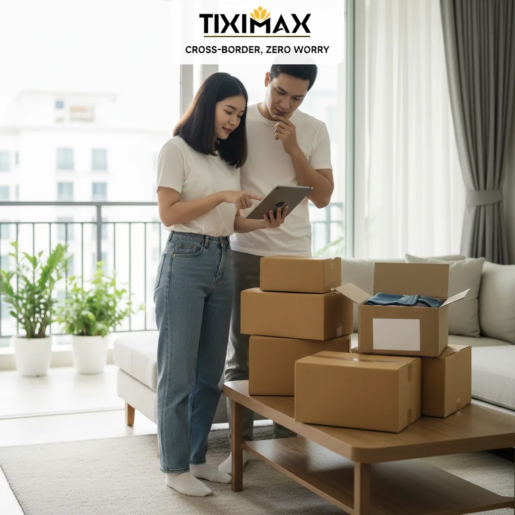 Cặp đôi thanh toán phí ship mua hàng trên amazon với dịch vụ vận chuyển Amazon Global.