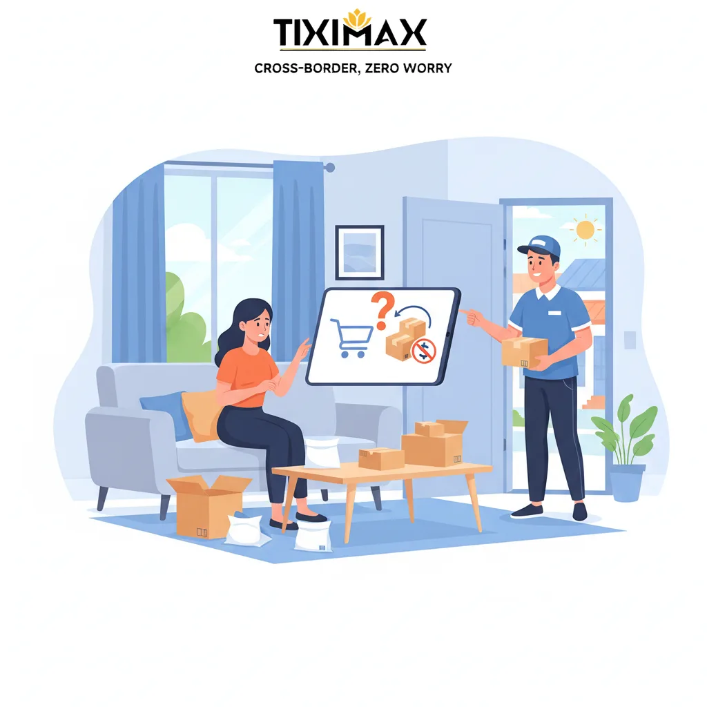 Người phụ nữ và người giao hàng thảo luận về phí ship mua hàng trên Amazon
