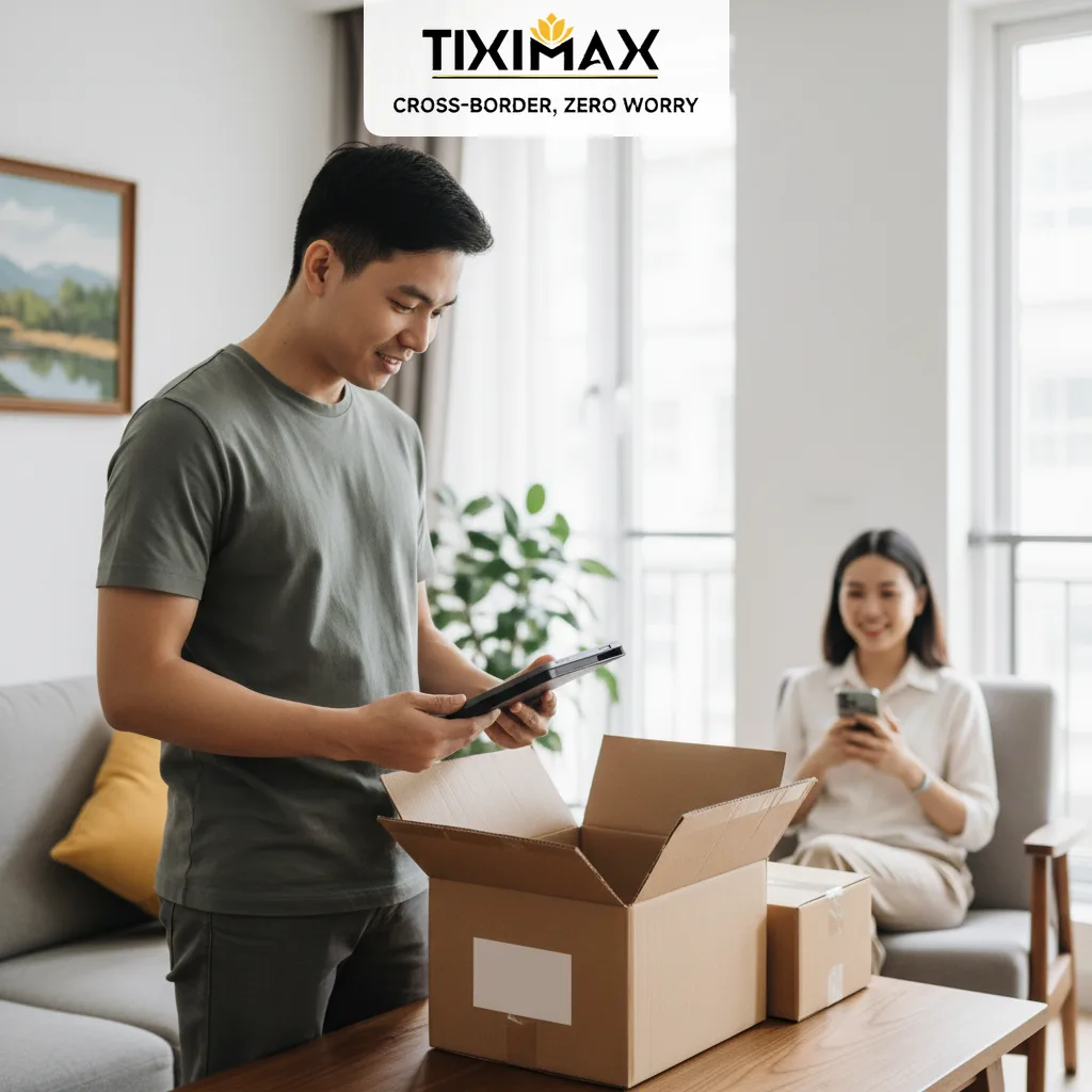 Hai người Việt trong phòng khách kiểm tra bưu phẩm khi mua hàng trên Amazon có uy tín không.