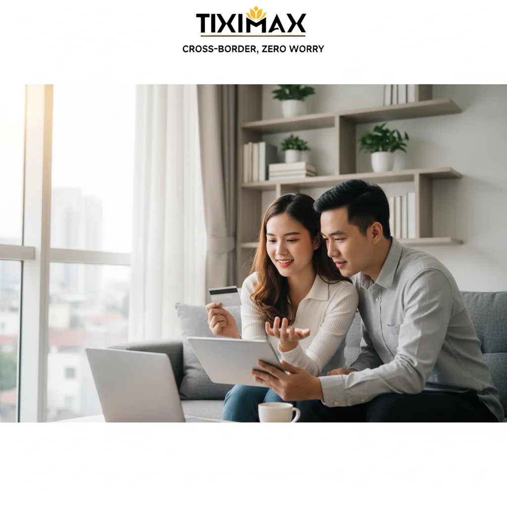 Cặp đôi ngồi sofa mua hàng Amazon bằng thẻ Visa.