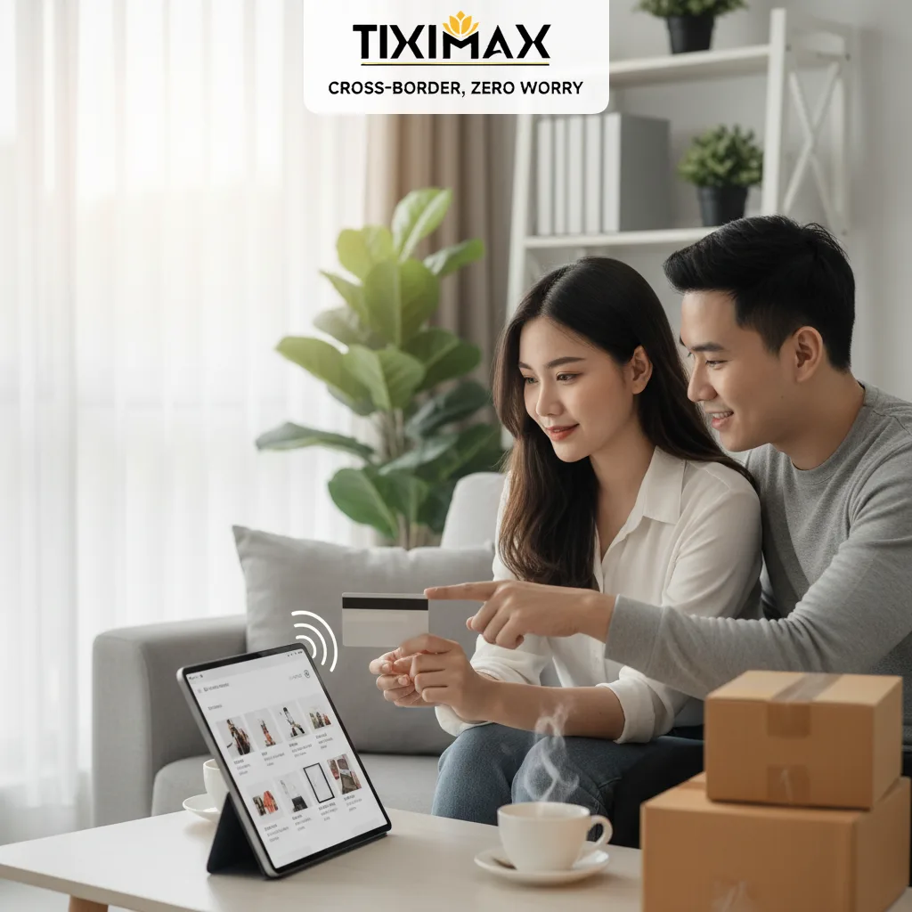 Cặp đôi Việt mua sắm online bằng thẻ Visa trên tablet.