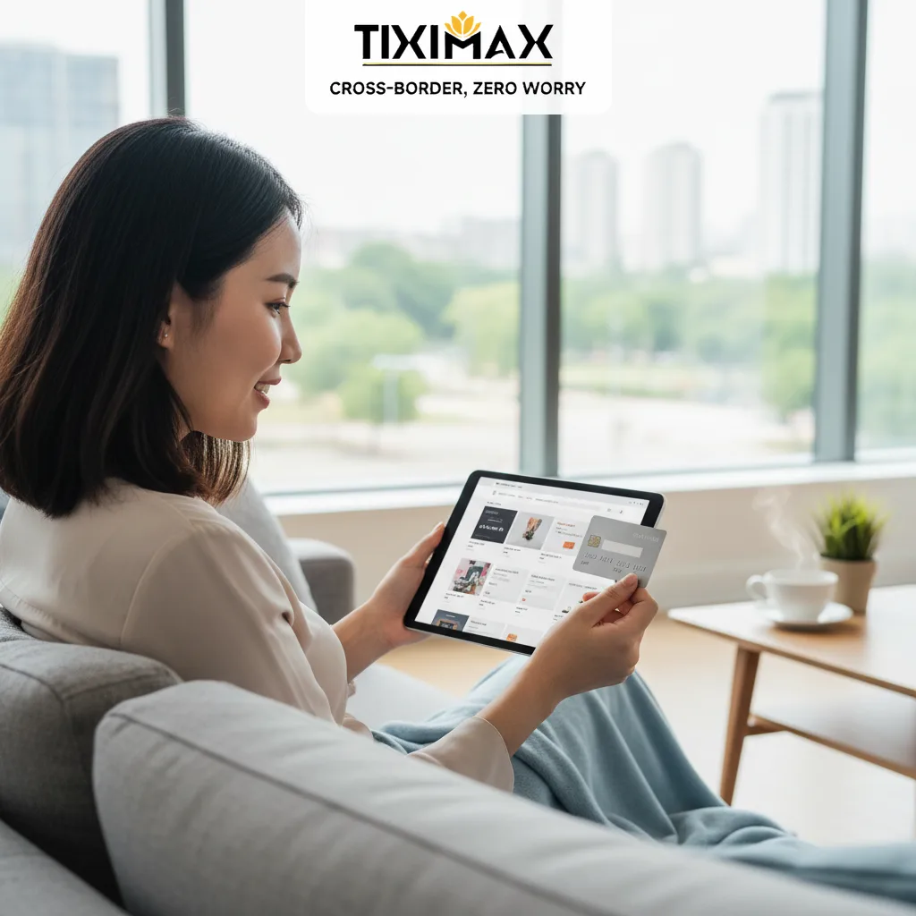 Người phụ nữ dùng máy tính bảng và thẻ tín dụng Visa mua hàng trên Amazon.
