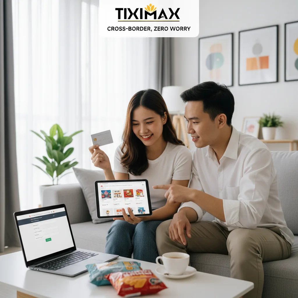 Cặp đôi dùng thẻ Visa mua hàng Amazon online trên máy tính bảng.