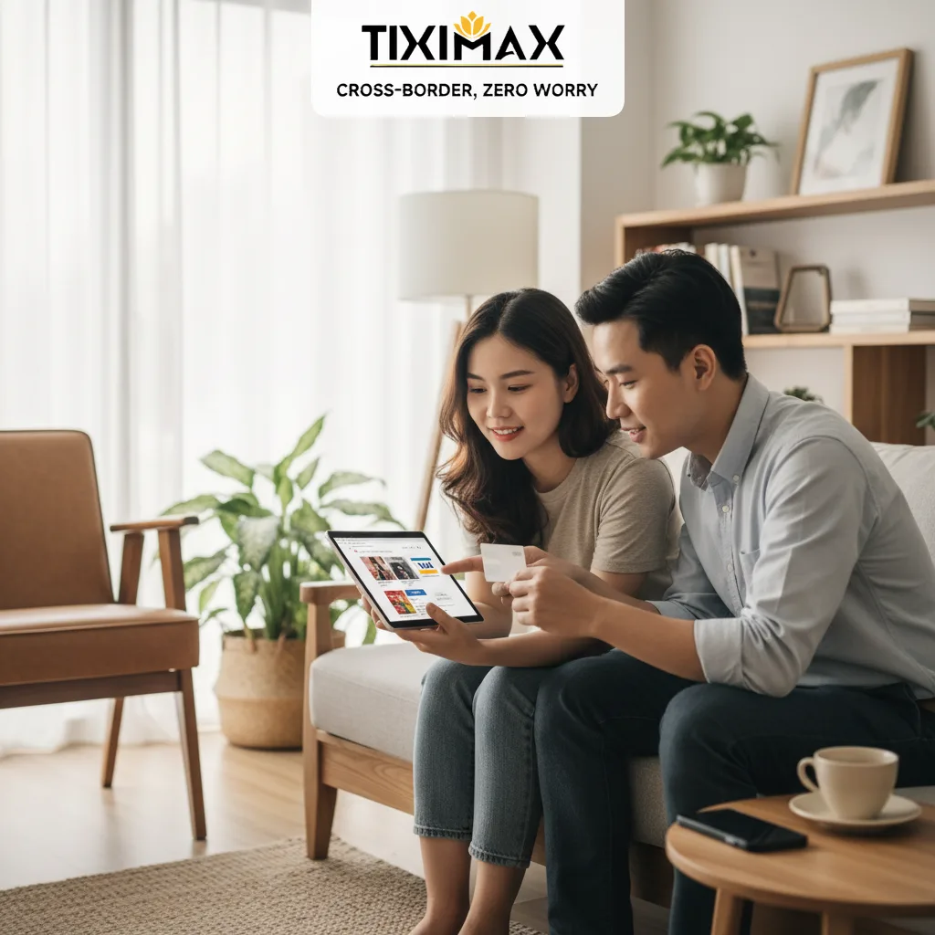 Cặp đôi xem máy tính bảng, người nam mua hàng Amazon bằng thẻ Visa.