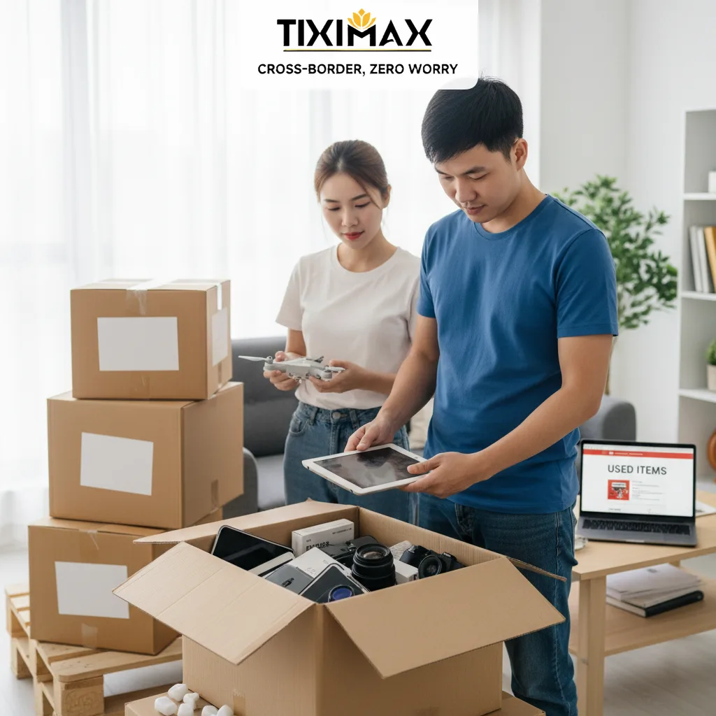 Cặp đôi kiểm tra sau khi đặt mua hàng Amazon cũ gồm drone, máy ảnh trong hộp.