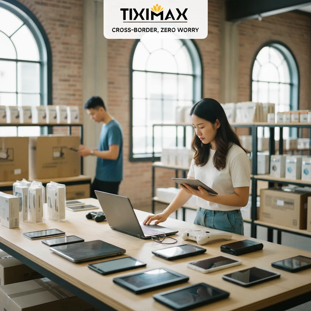 Người phụ nữ kiểm tra thiết bị điện tử khi mua hàng cũ trên Amazon