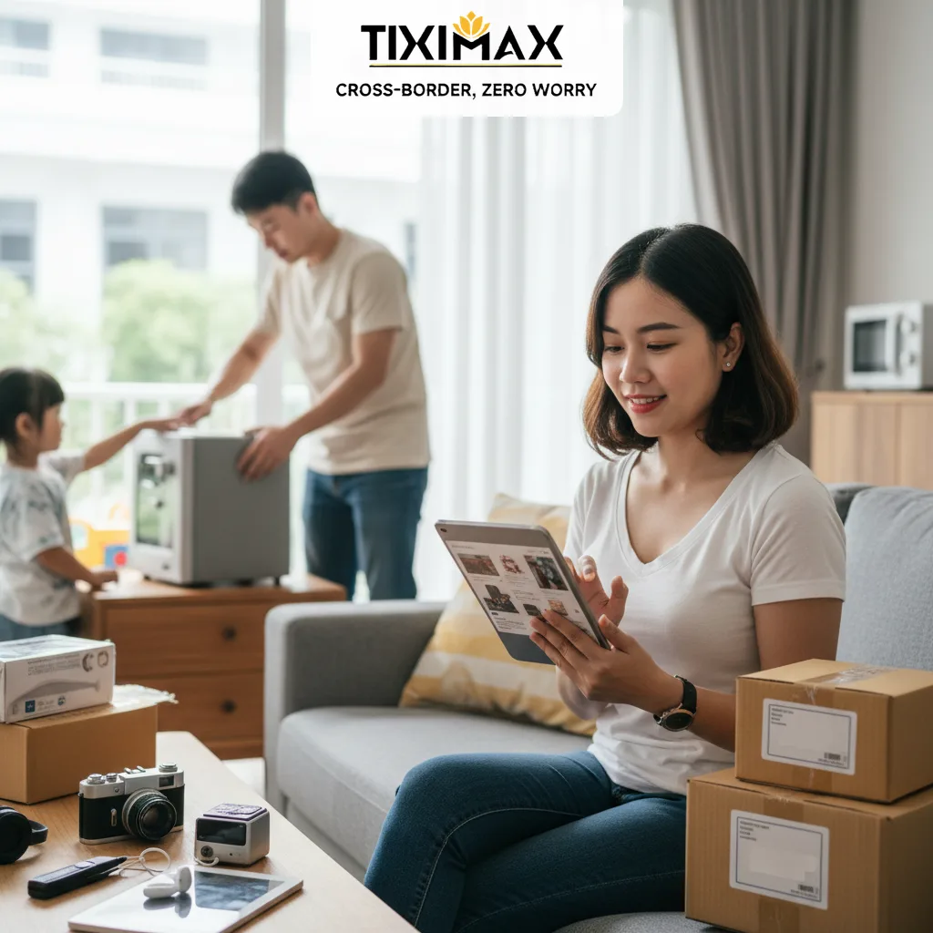 Người phụ nữ lướt máy tính bảng mua hàng cũ trên Amazon