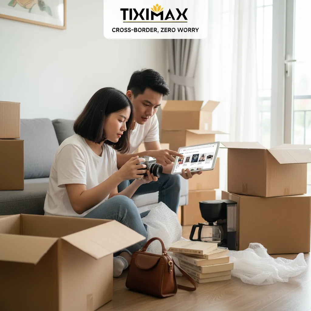 Cặp đôi mua hàng cũ trên Amazon, xung quanh là đầy hộp carton.