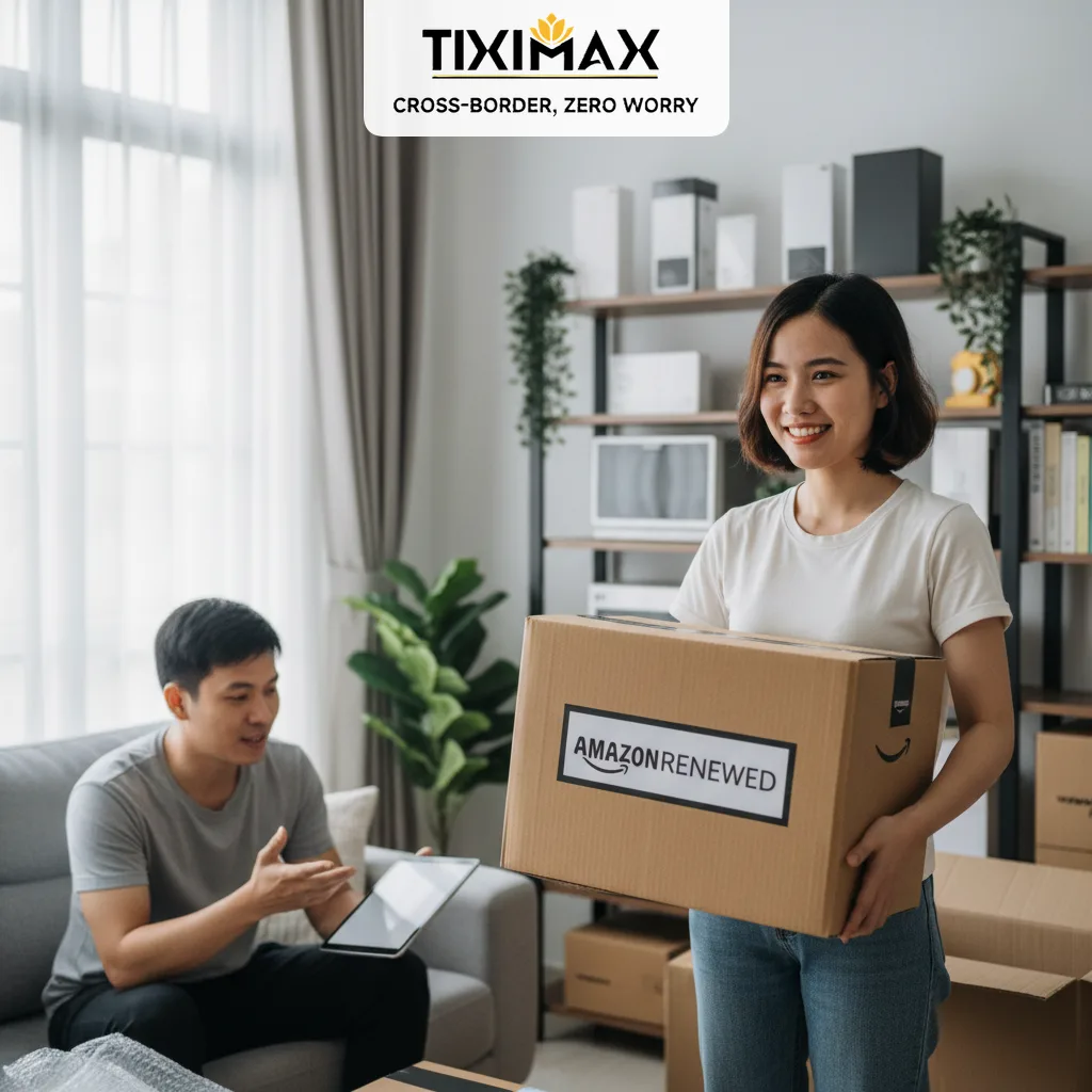 Cặp đôi Việt Nam nhận hộp Amazon Renewed tại nhà.