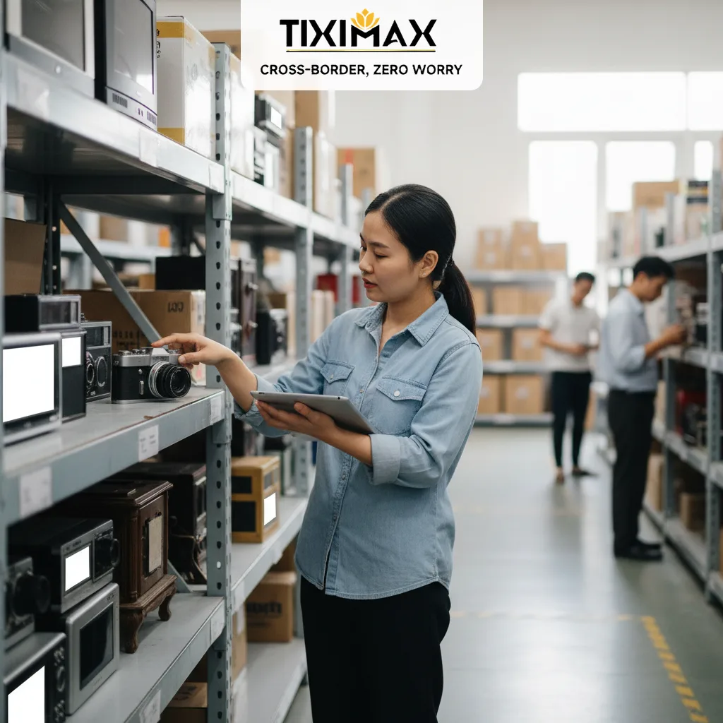Người phụ nữ kiểm tra hàng cũ trên Amazon trong kho