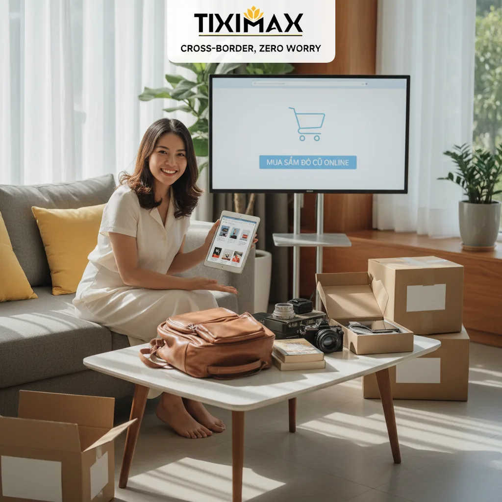 Người phụ nữ xem mua hàng cũ trên trên Amazon bằng máy tính bảng và TV.