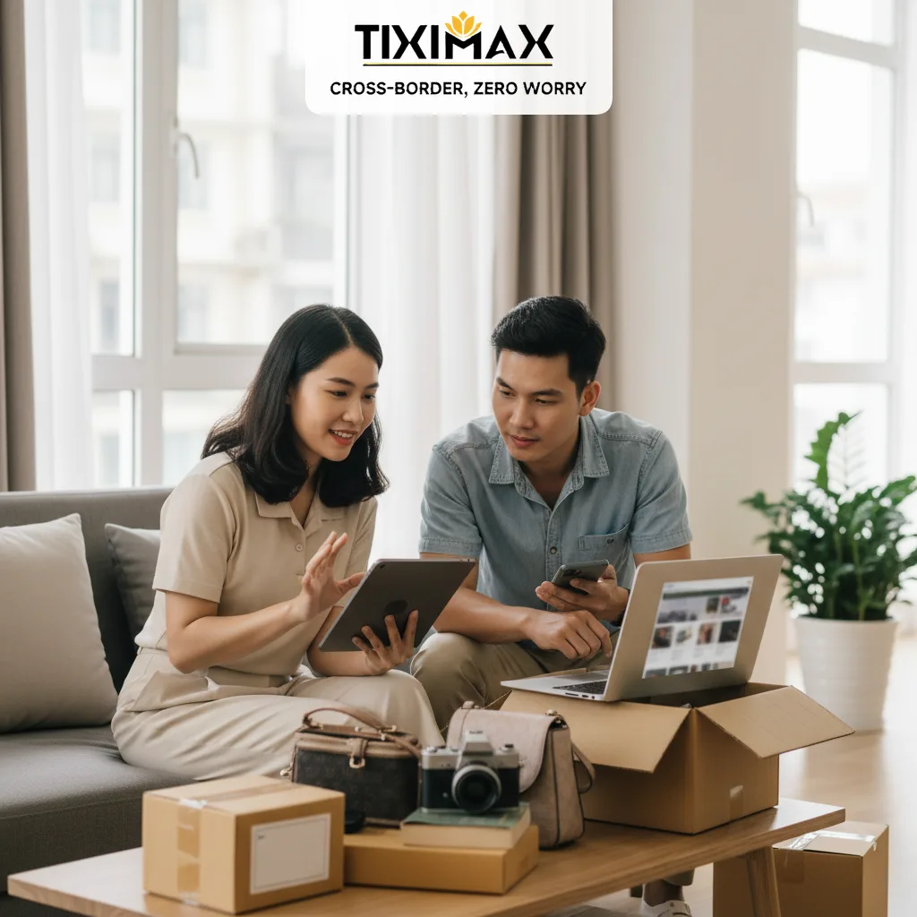 Cặp đôi xem máy tính bảng, laptop mua hàng cũ trên Amazon trực tuyến.