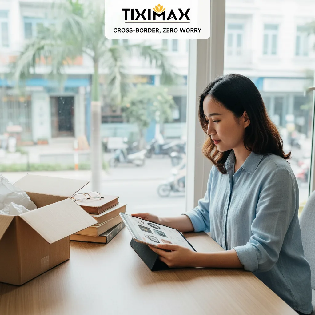 Phụ nữ xem tablet mua hàng Amazon cũ, cạnh hộp hàng, sách trên bàn.