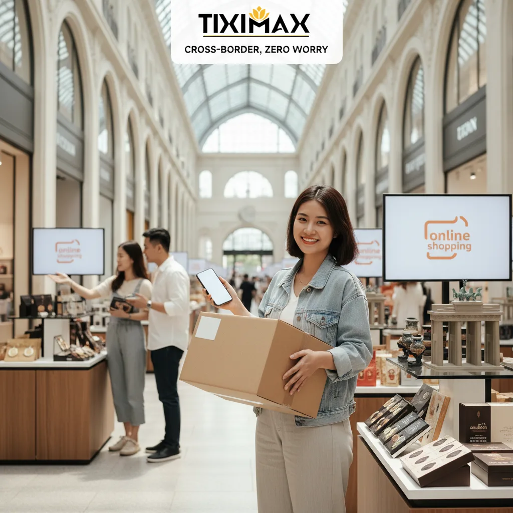 Người phụ nữ mỉm cười cầm hộp và điện thoại trong cửa hàng.