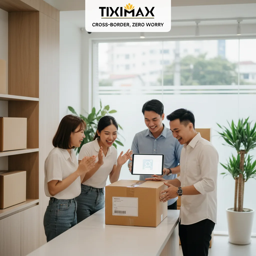 Bốn người Việt vui vẻ xem kiện hàng khi mua hàng trên Amazon Đức.
