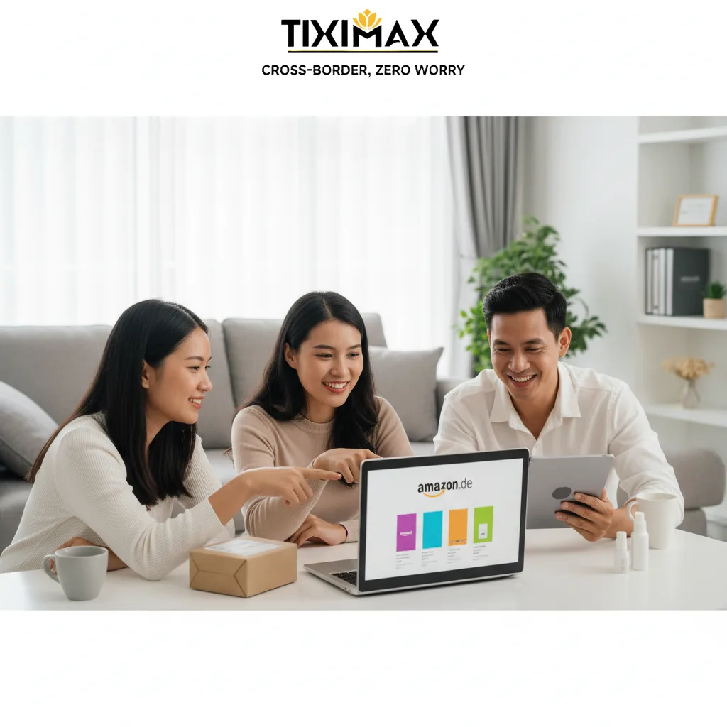 Ba người Việt xem và mua hàng Amazon Đức trên laptop.