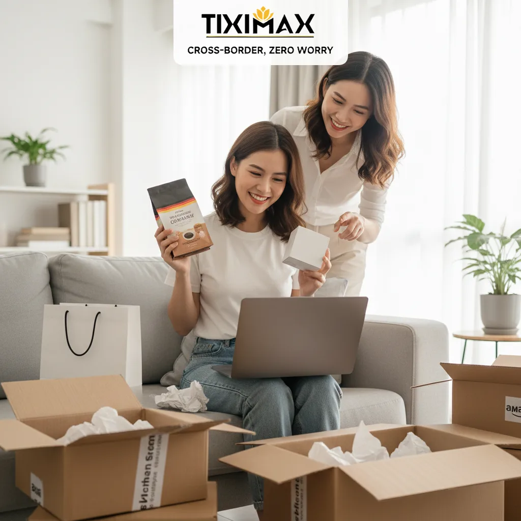 Hai phụ nữ mở gói hàng mua trên Amazon Đức là cà phê.