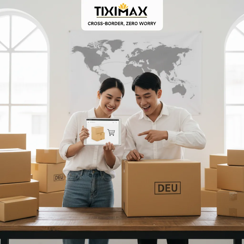 Hai người Việt xem máy tính bảng và thùng hàng mua trên Amazon Đức.