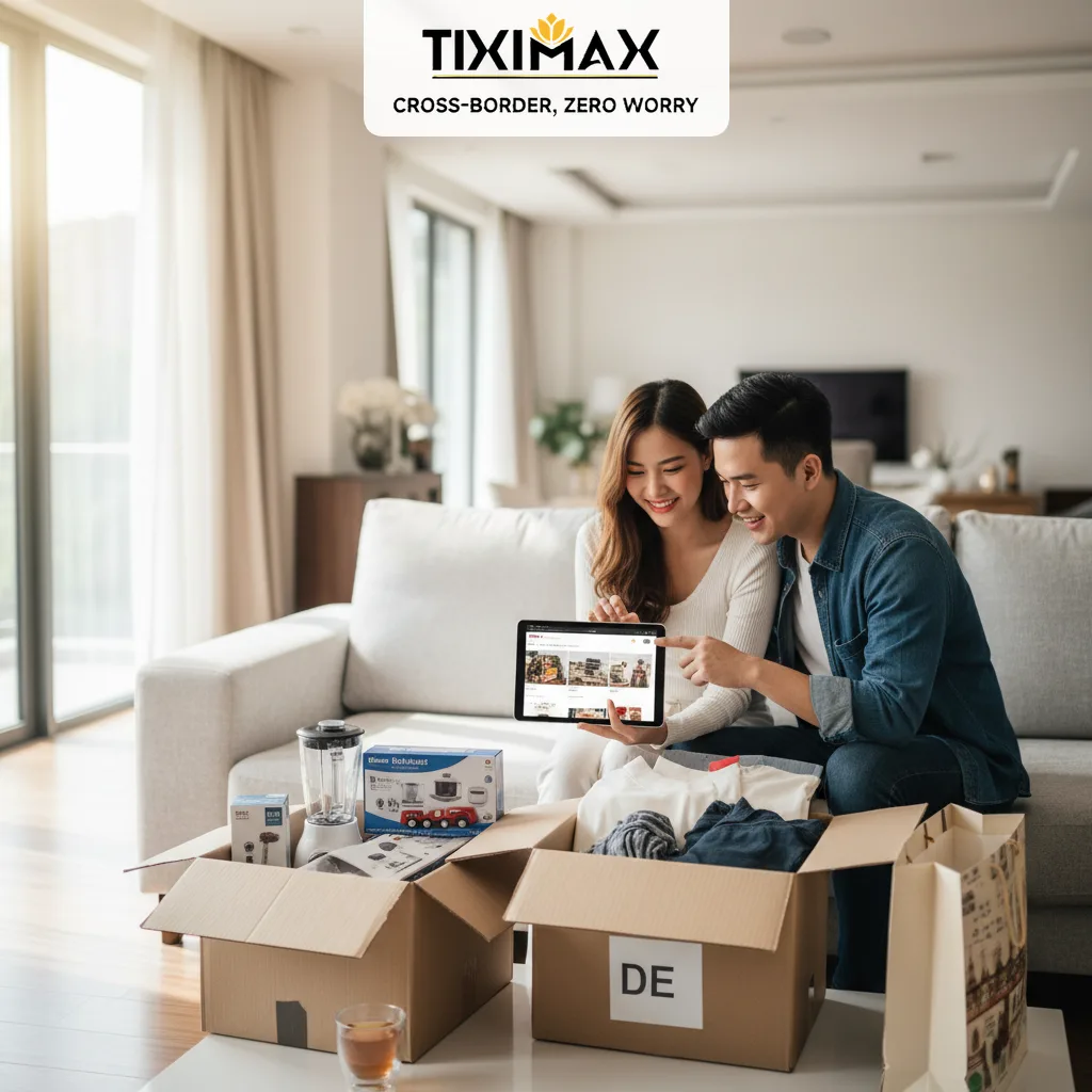 Cặp đôi Việt mở kiện mua hàng Amazon Đức, xem sản phẩm trên tablet.