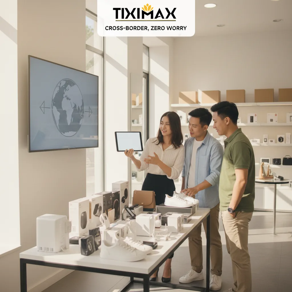 Nữ nhân viên tư vấn sản phẩm mua hàng trên Amazon Đức cho hai khách hàng nam.