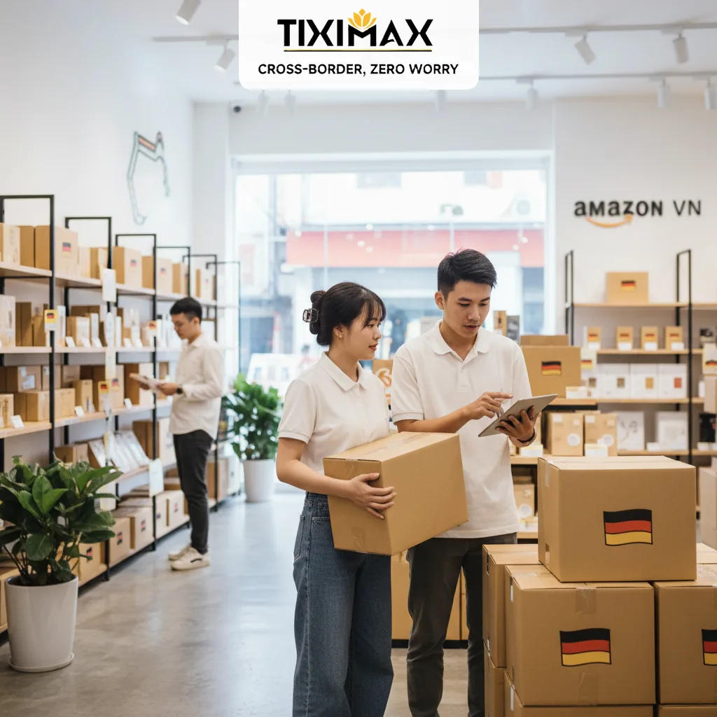 Nhân viên kiểm tra mua hàng Amazon Đức tại cửa hàng.
