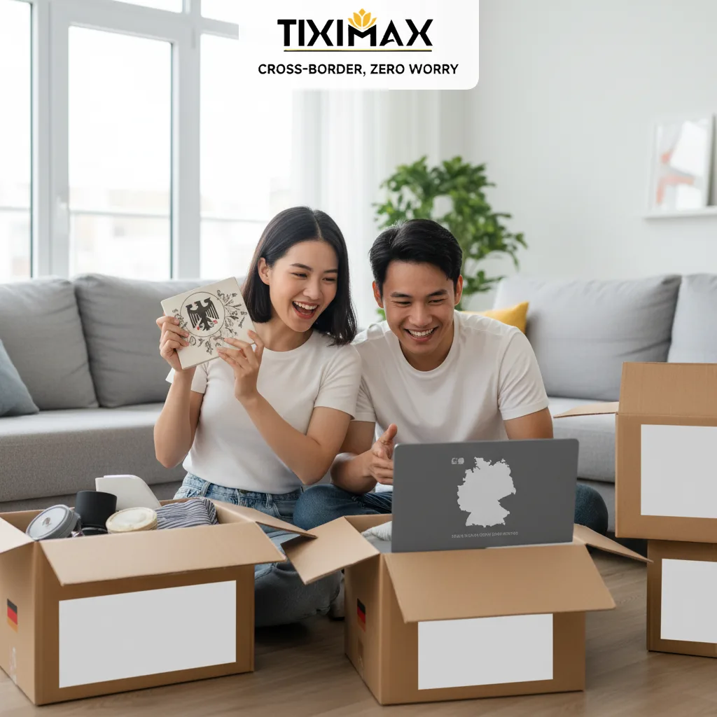 Cặp đôi Việt mở kiện hàng mua trên Amazon Đức, xem laptop có bản đồ Đức.