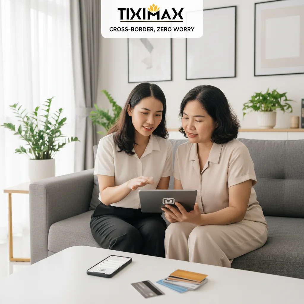Hai phụ nữ xem máy tính bảng, thẻ thanh toán.