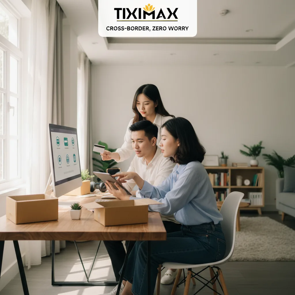 Ba người xem máy tính bảng, điện thoại, thẻ ngân hàng.
