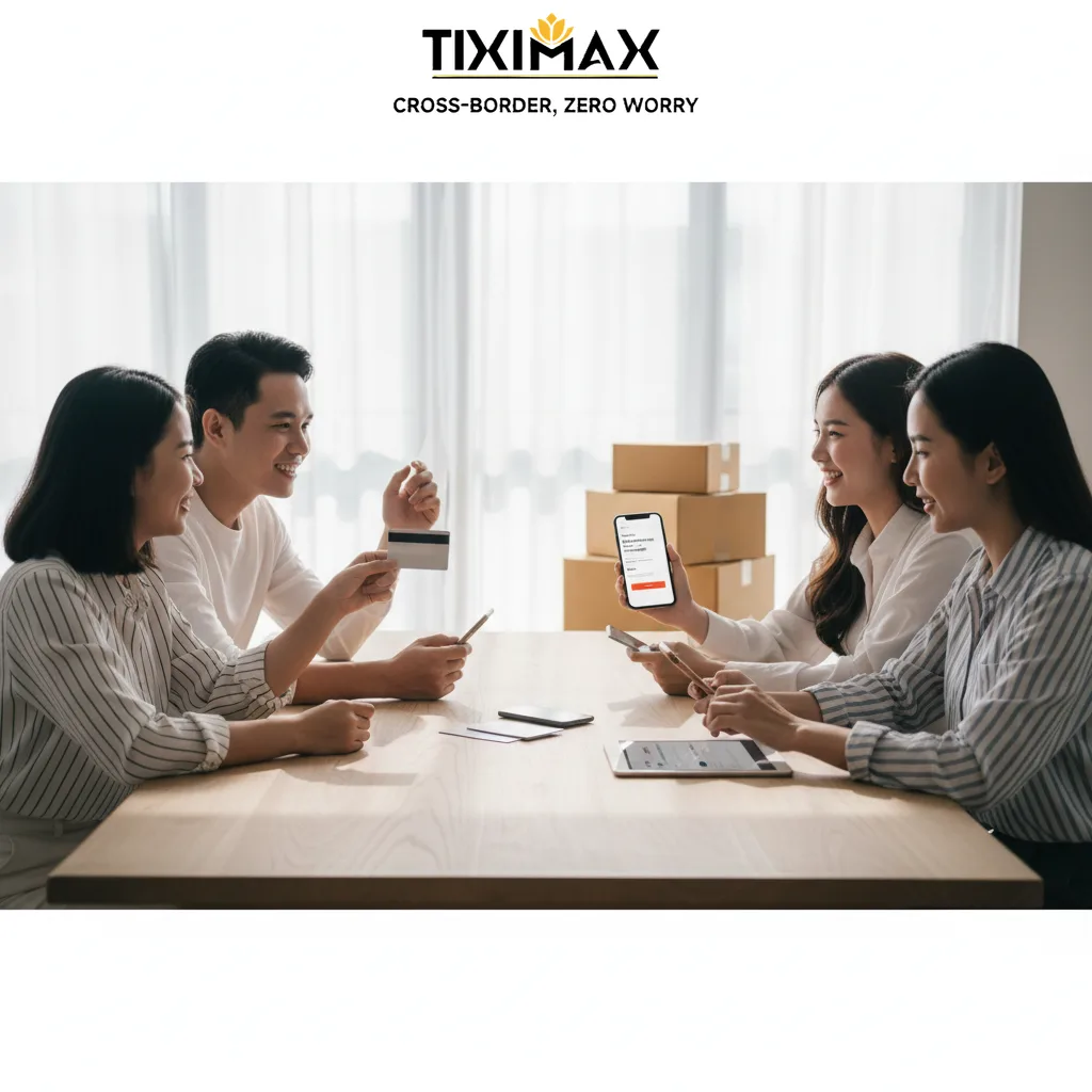 Bốn người thanh toán tiền khi mua hàng trên Amazon online bằng thẻ, điện thoại, hộp hàng.
