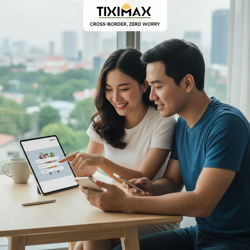 Cặp đôi Việt Nam xem máy tính bảng mua sắm trực tuyến.
