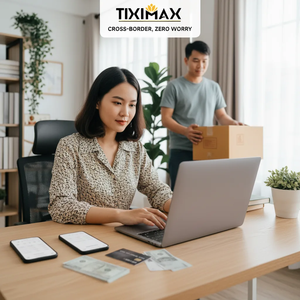 Phụ nữ thanh toán tiền khi mua hàng Amazon trực tuyến, nam giới cầm hộp hàng.