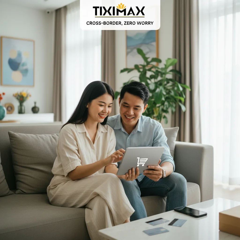 Cặp đôi ngồi sofa, xem máy tính bảng có giỏ hàng.