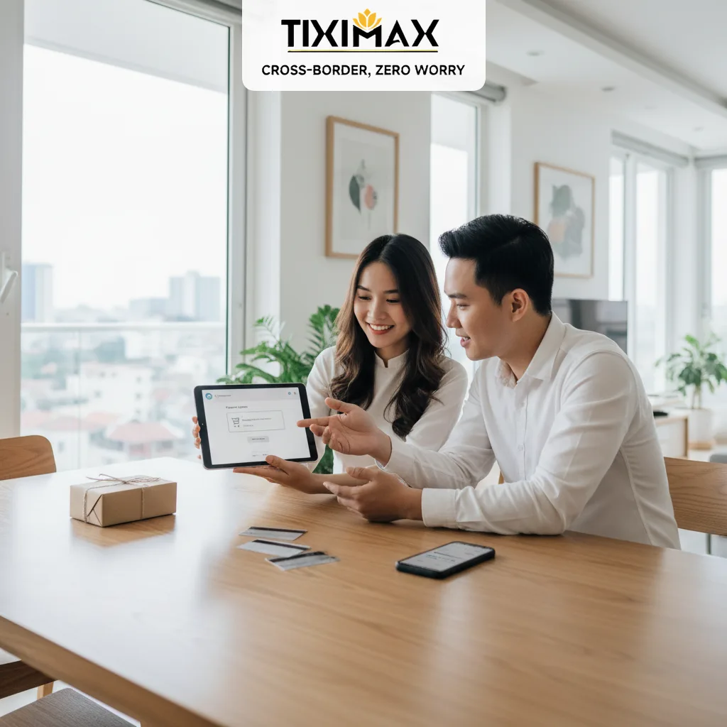 Hai người Việt xem màn hình thanh toán trên máy tính bảng.
