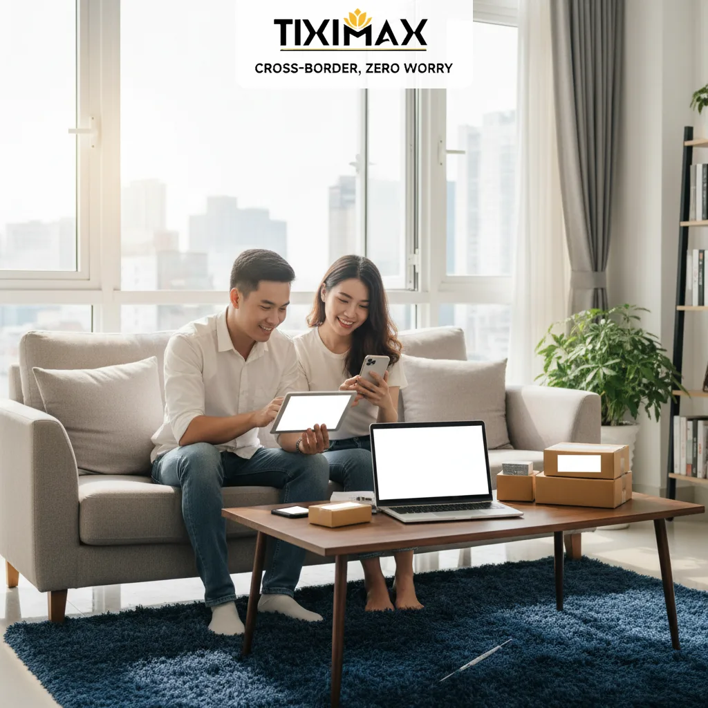 Cặp đôi xem cách mua hàng trên Amazon về Việt Nam bằng máy tính bảng, điện thoại, laptop và hộp hàng.