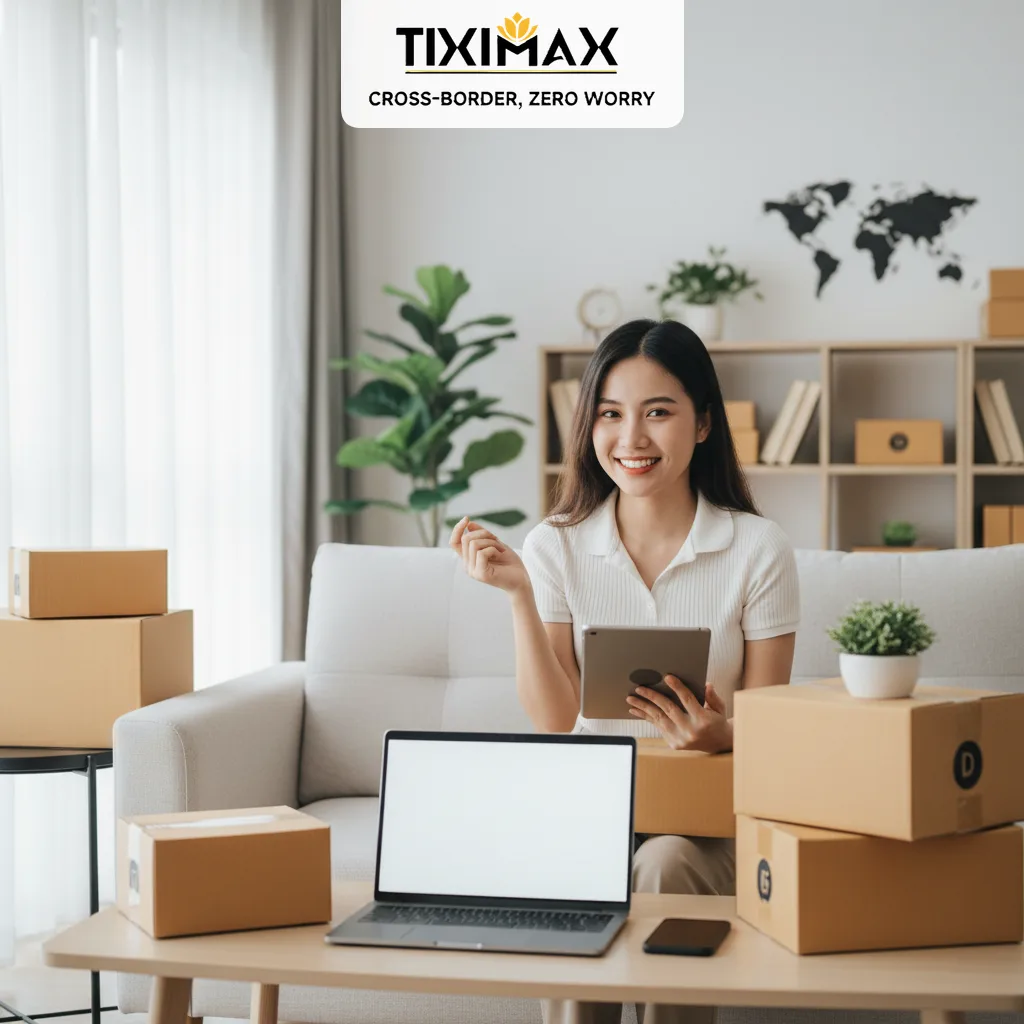 Phụ nữ mua hàng Amazon về Việt Nam ngồi giữa thùng hàng, dùng máy tính bảng.