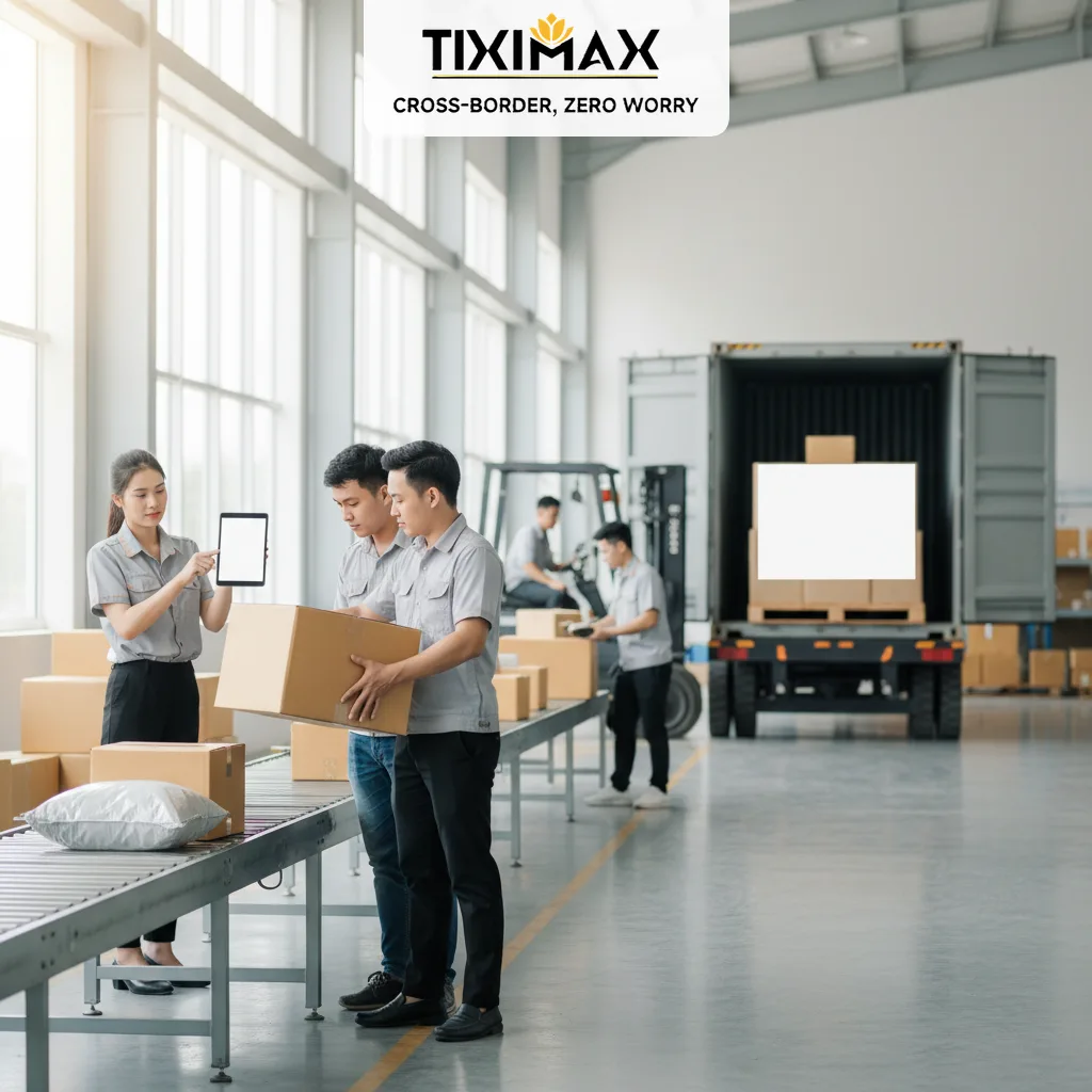 Nhân viên logistics xử lý kiện hàng mua trên Amazon về Việt Nam trên băng chuyền trong kho.