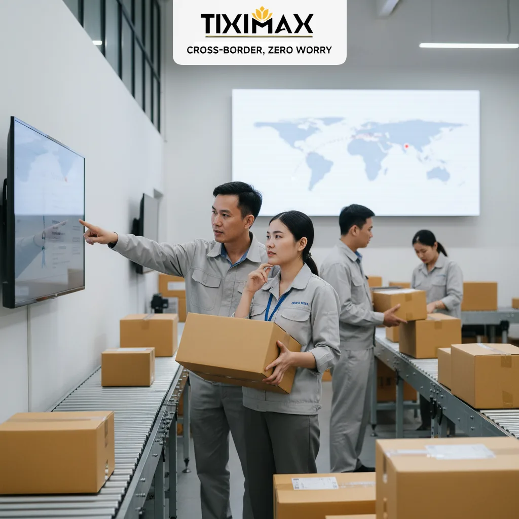 Nhân viên logistics kiểm tra gói hàng trên băng chuyền và màn hình.