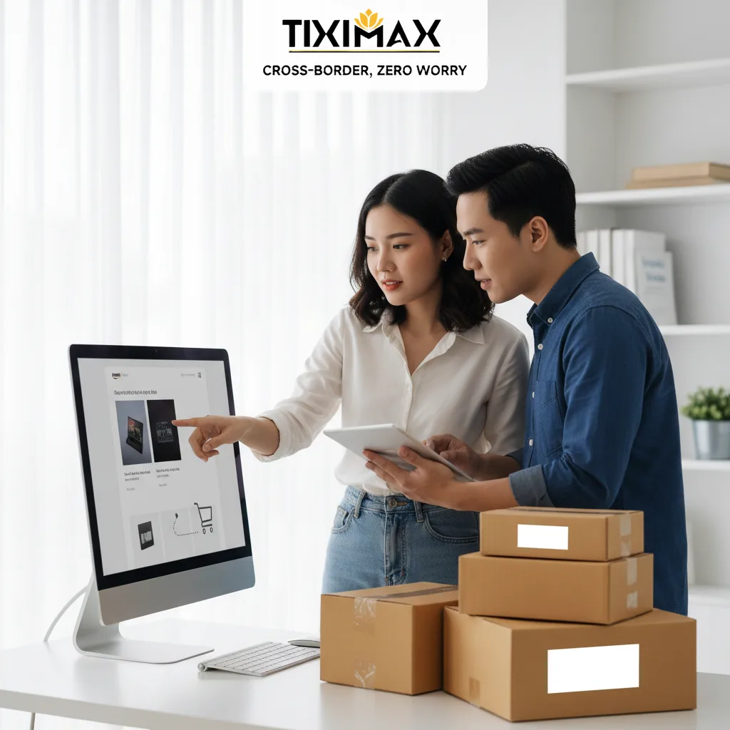Hai người xem màn hình máy tính, bên cạnh là các hộp hàng.