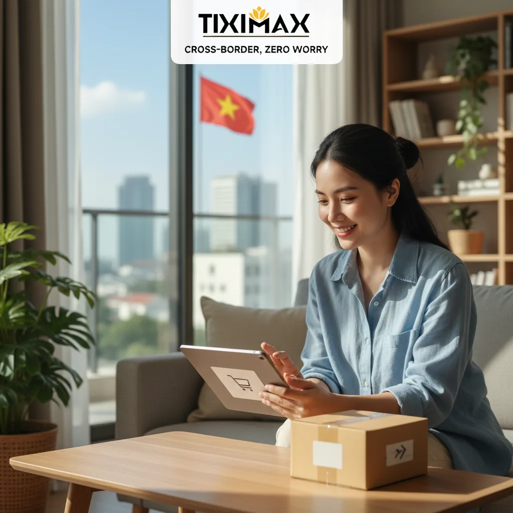 Người phụ nữ mỉm cười mua sắm online, có gói hàng.