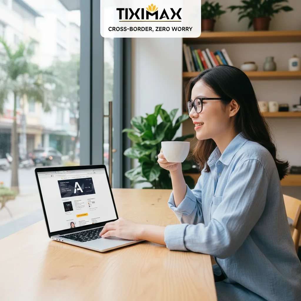 Phụ nữ Việt Nam dùng laptop mua hàng trên Amazon về Việt Nam tại quán.