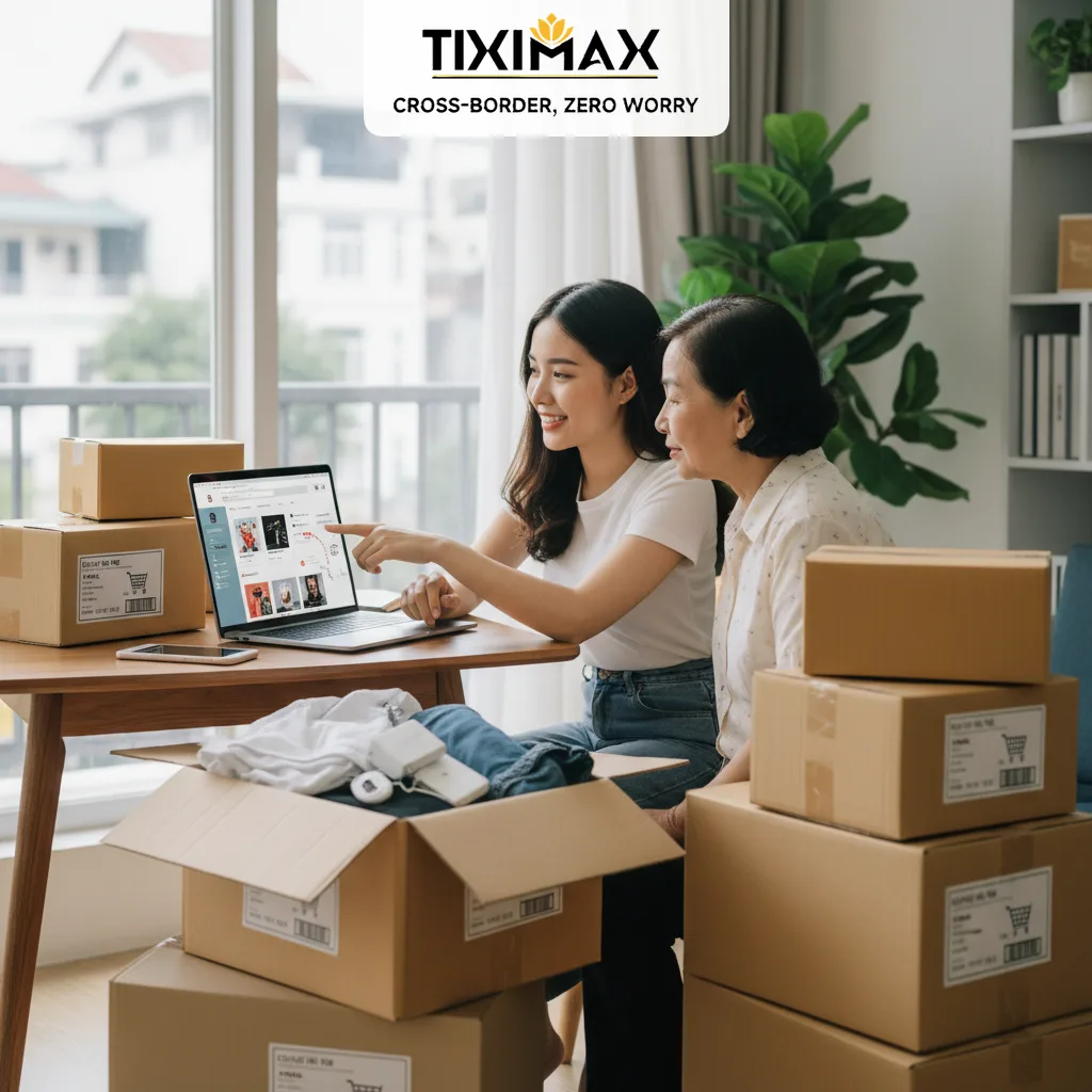 Người phụ nữ trẻ chỉ màn hình laptop mua hàng trên Amazon về Việt Nam.