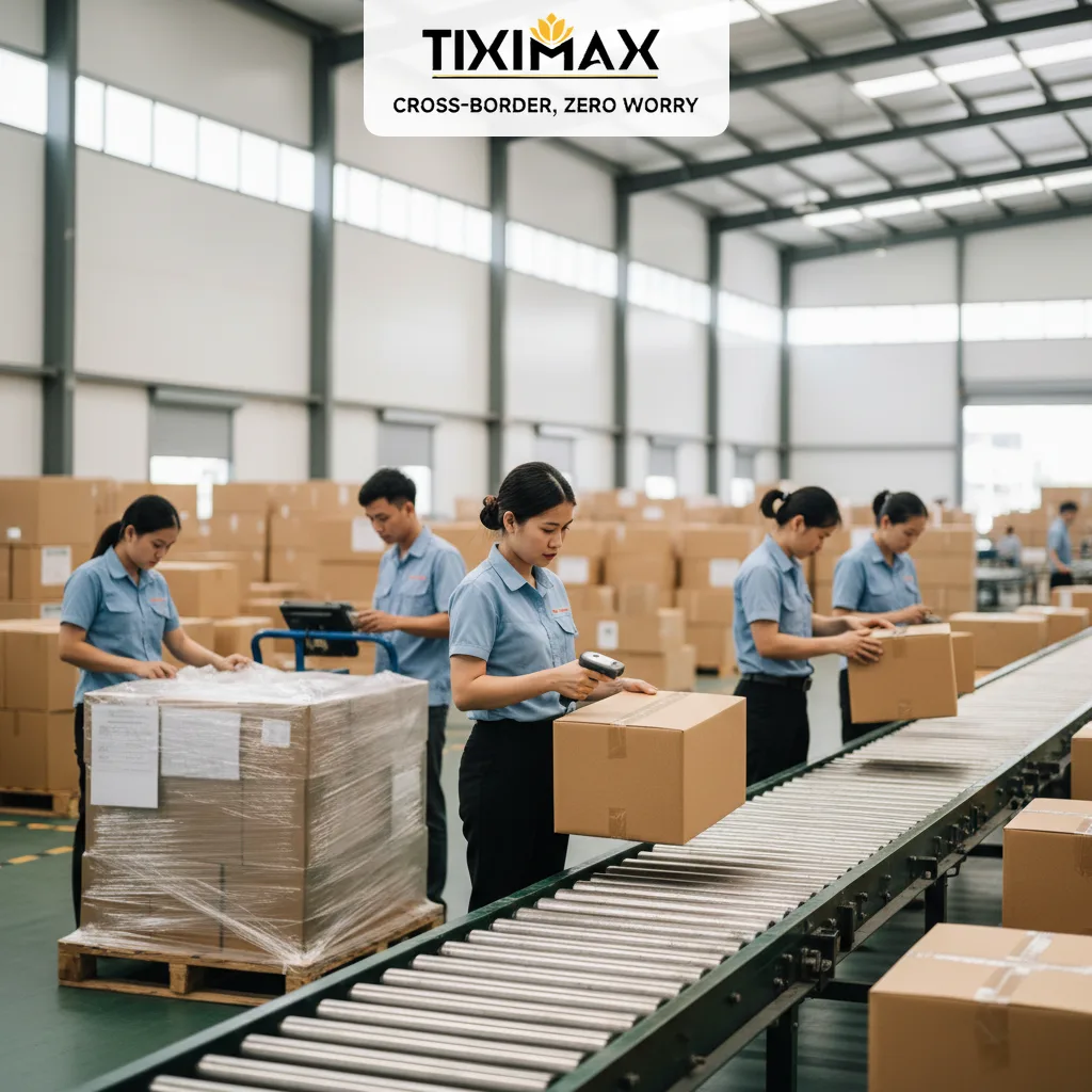Nhân viên logistics xử lý kiện hàng trên băng chuyền trong kho.