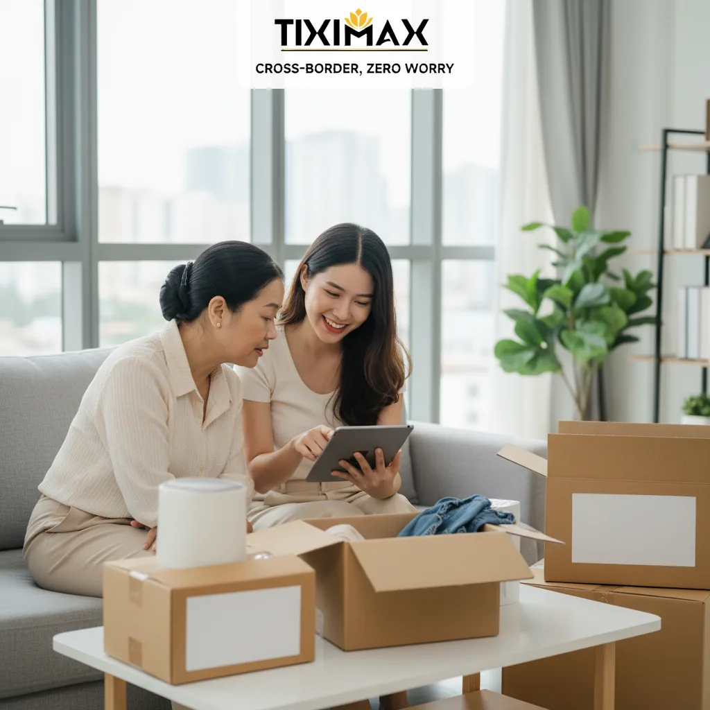 Hai phụ nữ Việt xem máy tính bảng, cạnh thùng hàng.